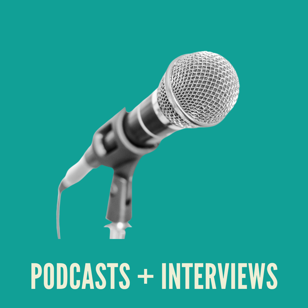 image of a microphone with text saying podcasts and interviews
